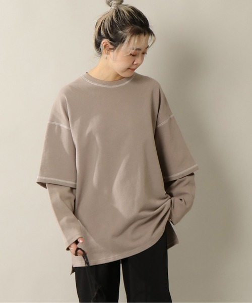 notch.(ノッチ)の「配色ステッチレイヤードロンT(Tシャツ/カットソー・レディース・チャコールグレー/ベージュ/オフホワイト/プラム・M)」の1枚目の写真