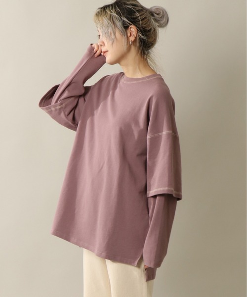 notch.(ノッチ)の「配色ステッチレイヤードロンT(Tシャツ/カットソー・レディース・チャコールグレー/ベージュ/オフホワイト/プラム・M)」の2枚目の写真