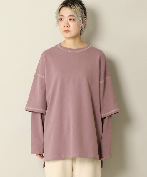 notch.(ノッチ)の「配色ステッチレイヤードロンT(Tシャツ/カットソー・レディース・チャコールグレー/ベージュ/オフホワイト/プラム・M)」の15枚目の写真