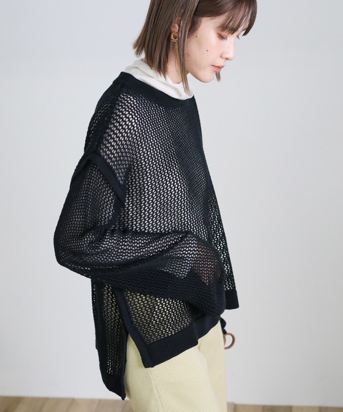 select MOCA(セレクトモカ)の「2021 SS クルーネックリンキングデザインメッシュトップス(Tシャツ/カットソー・レディース・ブラック/ライトグリーン/アイボリー/ラベンダー・FREE)」の1枚目の写真