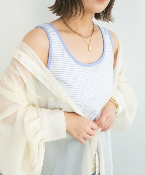 nemne store(ネンネストア)の「チョコミントアイスと配色ボーダータンクトップ(タンクトップ・レディース・パープル/オフホワイト/ミント・F)」の1枚目の写真