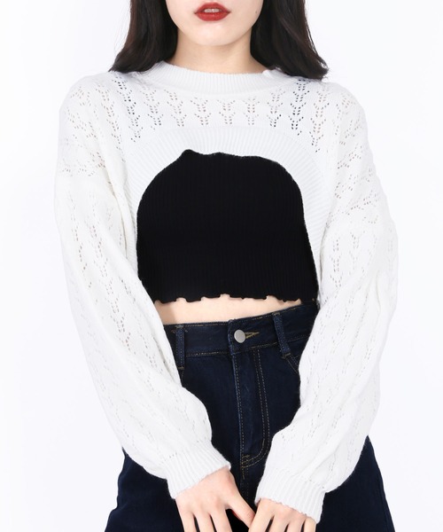WC（ダブル シー）の「かぎ編みショートニット（ニット/セーター・レディース・ホワイト/ブラック・FREE）」の2枚目の写真