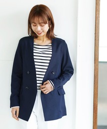 WHITE JOOLA（ホワイトジョーラ）の「【RePETペットボトルから作られたサスティナブル素材のジャケット】洗濯機で洗える・杢グリーンダブルジャケット（ノーカラージャケット）」