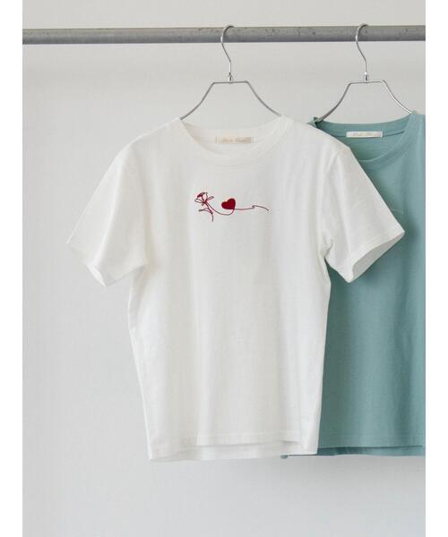 Petit fleur(プチフルール)の「・Petit Fleur ハナ&ハート刺繍Tシャツ(Tシャツ/カットソー・レディース・グリーン/オフホワイト/ピンク/ブラック・FREE)」の6枚目の写真