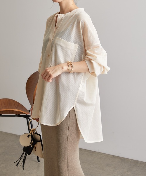 COLLAGE GALLARDAGALANTE(コラージュガリャルダガランテ)の「抜け感を演出するメッシュオーバーシャツ(シャツ/ブラウス・レディース・アイボリー/ブラック・FREE)」の1枚目の写真