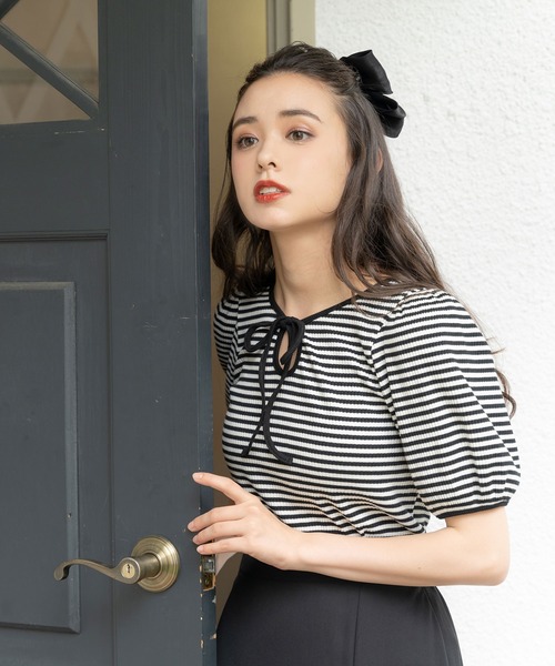 DearMyLoveRose（ディアマイラブローズ）の「オープンリボンパフ袖カットソー（Tシャツ/カットソー・レディース・ホワイト/ブラック/オフホワイト/ベビーピンク・MEDIUM/LARGE/X-LARGE/XX-LARGE）」の8枚目の写真