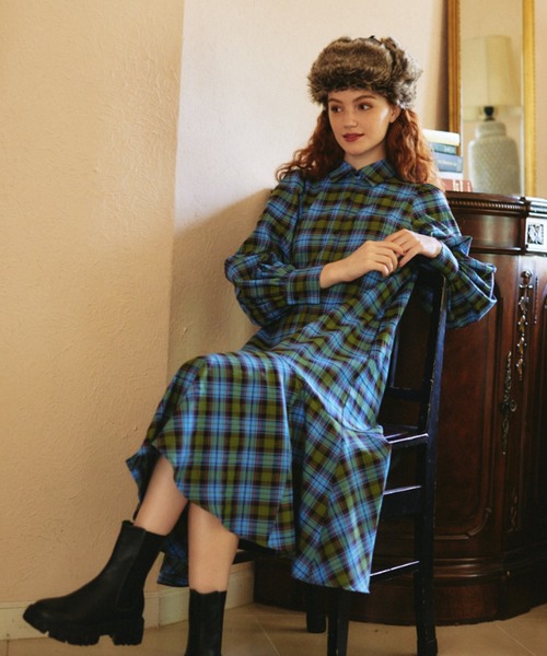 idem（イデム）の「volume sleeve check onepiece/ボリューム袖チェックシャツワンピース（ワンピース・レディース・カーキ/キャメル・SMALL/FREE）」の13枚目の写真