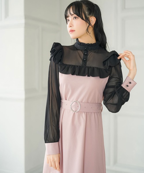 Newlyme（ニューリーミー）の「ヨークフリル長袖ドッキングワンピース（ワンピース・レディース・ブラック/ホワイト系その他/ホワイト/ワインレッド/レッド/ブラック系その他/ピンク/ブルー・MEDIUM/XX-LARGE/LARGE/SMALL/X-LARGE）」の6枚目の写真