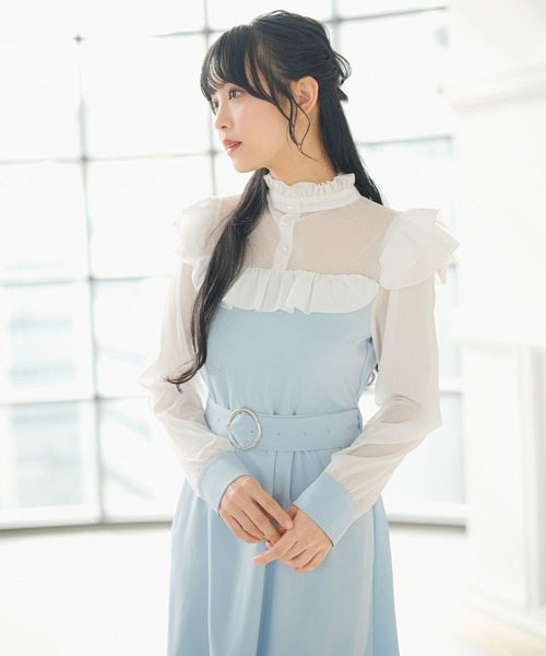 Newlyme（ニューリーミー）の「ヨークフリル長袖ドッキングワンピース（ワンピース・レディース・ブラック/ホワイト系その他/ホワイト/ワインレッド/レッド/ブラック系その他/ピンク/ブルー・MEDIUM/XX-LARGE/LARGE/SMALL/X-LARGE）」の5枚目の写真