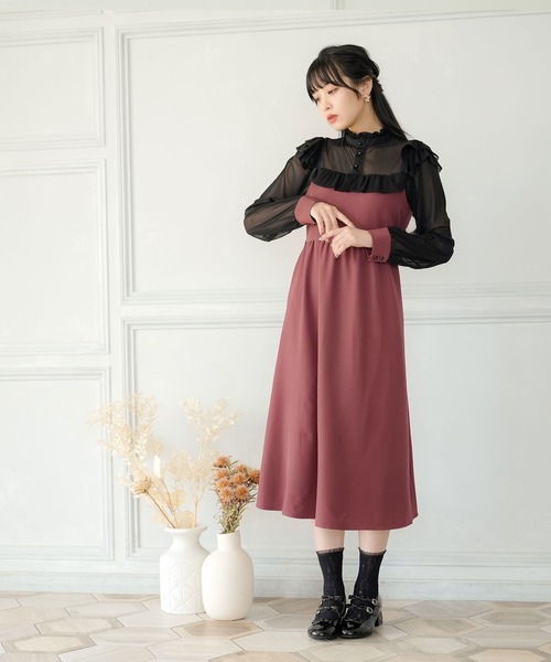 Newlyme（ニューリーミー）の「ヨークフリル長袖ドッキングワンピース（ワンピース・レディース・ブラック/ホワイト系その他/ホワイト/ワインレッド/レッド/ブラック系その他/ピンク/ブルー・MEDIUM/XX-LARGE/LARGE/SMALL/X-LARGE）」の8枚目の写真