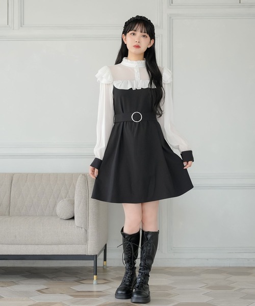 Newlyme（ニューリーミー）の「ヨークフリル長袖ドッキングワンピース（ワンピース・レディース・ブラック/ホワイト系その他/ホワイト/ワインレッド/レッド/ブラック系その他/ピンク/ブルー・MEDIUM/XX-LARGE/LARGE/SMALL/X-LARGE）」の9枚目の写真