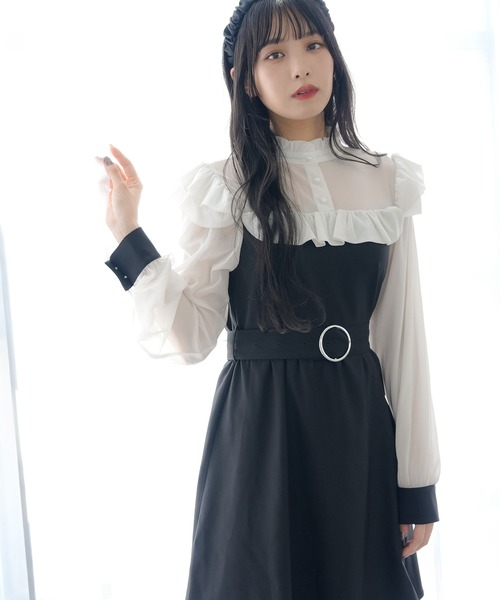 Newlyme（ニューリーミー）の「ヨークフリル長袖ドッキングワンピース（ワンピース・レディース・ブラック/ホワイト系その他/ホワイト/ワインレッド/レッド/ブラック系その他/ピンク/ブルー・MEDIUM/XX-LARGE/LARGE/SMALL/X-LARGE）」の10枚目の写真