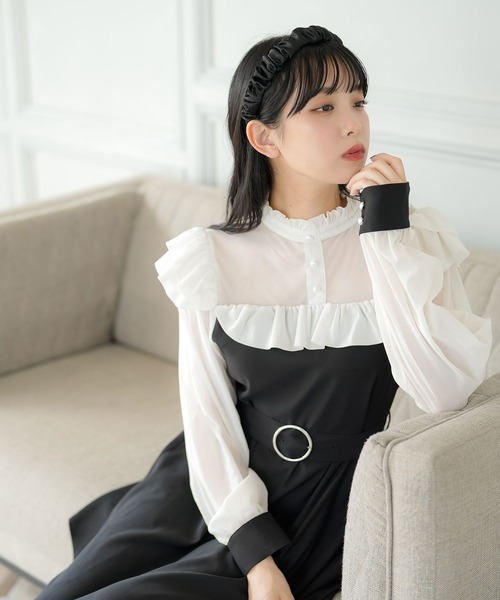 Newlyme（ニューリーミー）の「ヨークフリル長袖ドッキングワンピース（ワンピース・レディース・ブラック/ホワイト系その他/ホワイト/ワインレッド/レッド/ブラック系その他/ピンク/ブルー・MEDIUM/XX-LARGE/LARGE/SMALL/X-LARGE）」の11枚目の写真