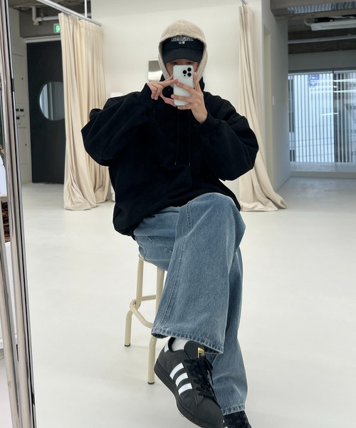 minsobi（ミンソビ）の「裏起毛 ハイネックパーカー ビッグシルエット ユニセックスパーカー（パーカー・メンズ・ブラック/グレー・FREE）」の20枚目の写真