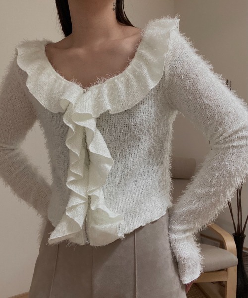 AMAIL(アマイル)の「Furi shaggy cardigan(カーディガン/ボレロ・レディース・ブラック/アイボリー・FREE)」の1枚目の写真