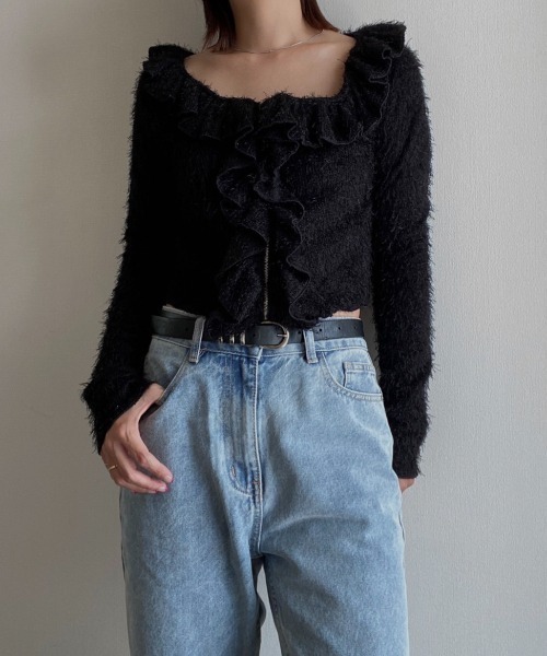 AMAIL(アマイル)の「Furi shaggy cardigan(カーディガン/ボレロ・レディース・ブラック/アイボリー・FREE)」の2枚目の写真