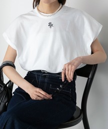 フレンチスリーブ 配色ロゴ刺繍Tシャツ
