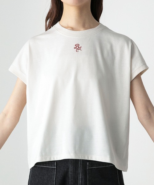 BONLECILL(ボンルシール)の「フレンチスリーブ 配色ロゴ刺繍Tシャツ(Tシャツ/カットソー・レディース・アイボリー/ブラック/ブルー/オフホワイト・FREE)」の8枚目の写真