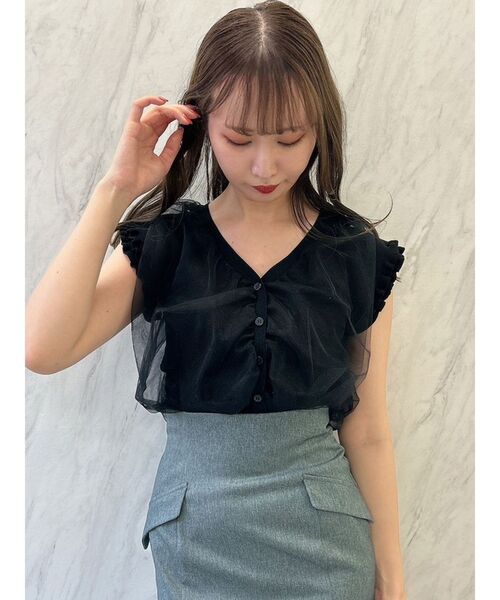 dazzlin（ダズリン）の「チュールベールフリルニットトップス（ニット/セーター・レディース・ブルー/オフホワイト/ブラック/ピンク・FREE）」の3枚目の写真