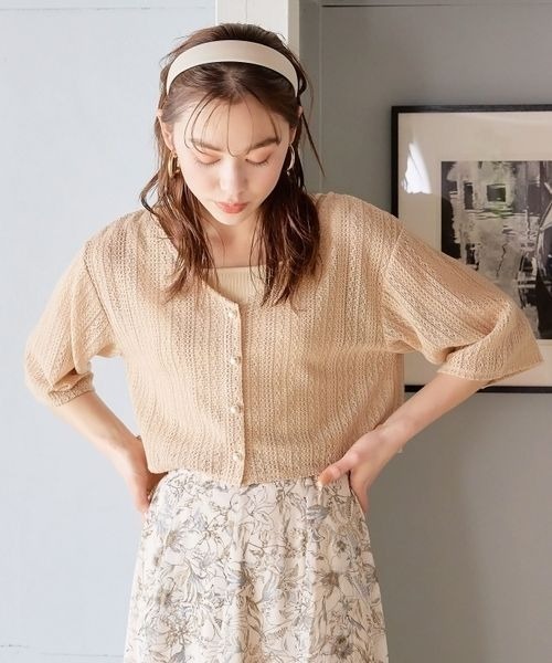 mysty woman オケージョン　レース カーディガン 長袖 mysty woman｜ラッセルレースカーディガン×キャミツイン