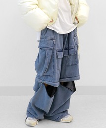 デニムワイドカーゴパンツ ビッグポケット イージーパンツ