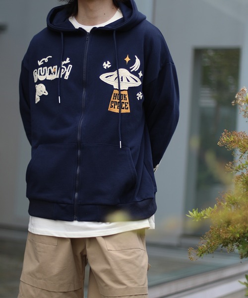 セール】HOOK -original- 個性派宇宙サガラ刺繍前開きジップパーカー