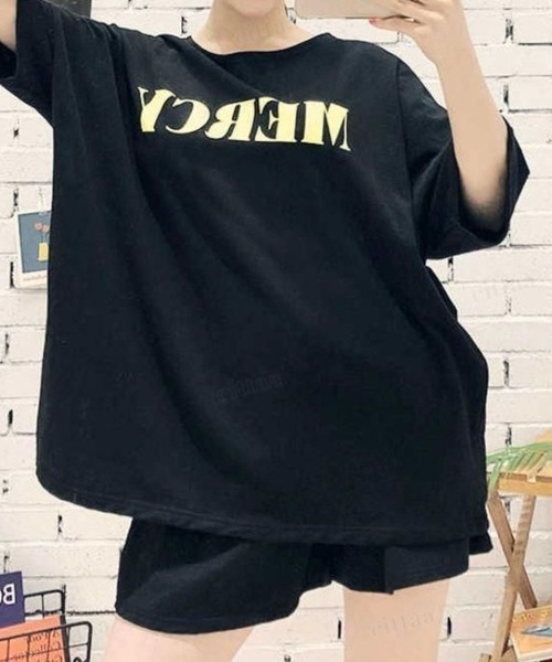 Dalfwin（ダールフィン）の「韓国ファッション MERCYロゴ半袖セットアップ 半袖トップス×ショートパンツ上下セット（ルームウェア/パジャマ・レディース・オートミール/ブラック・FREE）」の6枚目の写真