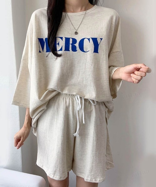 Dalfwin（ダールフィン）の「韓国ファッション MERCYロゴ半袖セットアップ 半袖トップス×ショートパンツ上下セット（ルームウェア/パジャマ・レディース・オートミール/ブラック・FREE）」の7枚目の写真