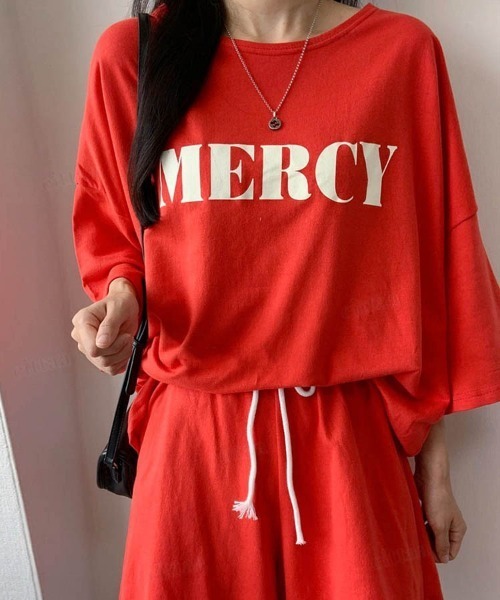 Dalfwin（ダールフィン）の「韓国ファッション MERCYロゴ半袖セットアップ 半袖トップス×ショートパンツ上下セット（ルームウェア/パジャマ・レディース・オートミール/ブラック・FREE）」の13枚目の写真