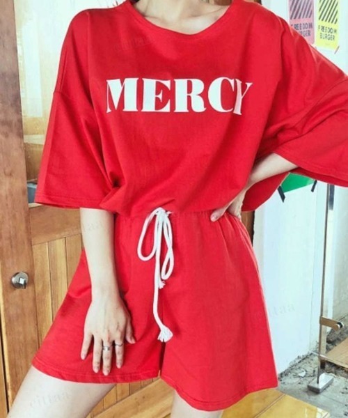 Dalfwin（ダールフィン）の「韓国ファッション MERCYロゴ半袖セットアップ 半袖トップス×ショートパンツ上下セット（ルームウェア/パジャマ・レディース・オートミール/ブラック・FREE）」の14枚目の写真