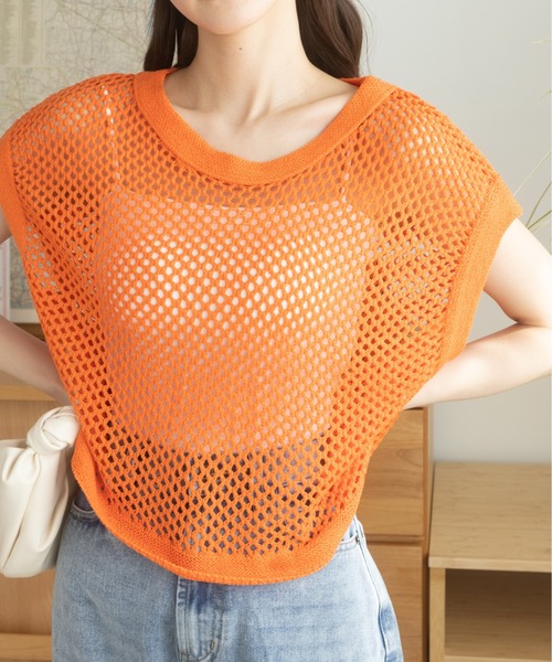 Ada.（エイダ）の「年末年始だけの特別プライス！今なら490円！ メッシュトップス・ニット（タンクトップ・レディース・ベージュ/オレンジ/ブラック/グリーン・FREE）」の4枚目の写真