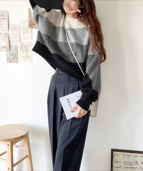 mily bilet(ミウィビレット)の「【mily bilet】ショート丈が旬。ウール混モヘアタッチ インターシャニットプルオーバー(ニット/セーター・レディース・ピンク/ブルー/グレー・X-LARGE/SMALL/LARGE/MEDIUM)」の16枚目の写真