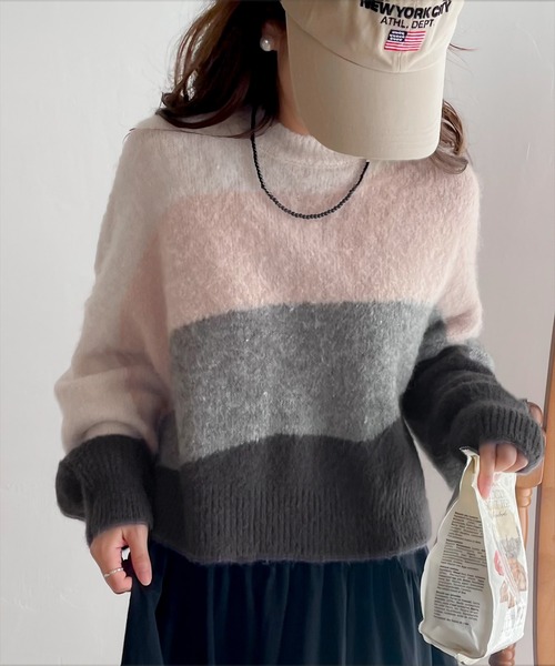 mily bilet(ミウィビレット)の「【mily bilet】ショート丈が旬。ウール混モヘアタッチ インターシャニットプルオーバー(ニット/セーター・レディース・ピンク/ブルー/グレー・X-LARGE/SMALL/LARGE/MEDIUM)」の9枚目の写真