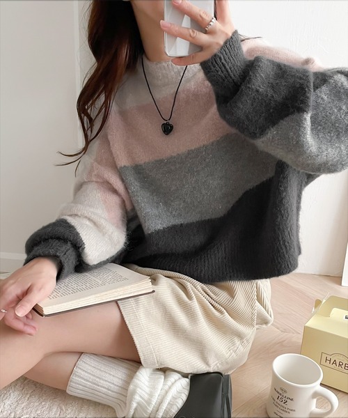 mily bilet(ミウィビレット)の「【mily bilet】ショート丈が旬。ウール混モヘアタッチ インターシャニットプルオーバー(ニット/セーター・レディース・ピンク/ブルー/グレー・X-LARGE/SMALL/LARGE/MEDIUM)」の10枚目の写真