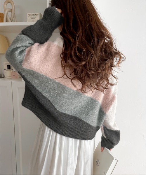 mily bilet(ミウィビレット)の「【mily bilet】ショート丈が旬。ウール混モヘアタッチ インターシャニットプルオーバー(ニット/セーター・レディース・ピンク/ブルー/グレー・X-LARGE/SMALL/LARGE/MEDIUM)」の11枚目の写真