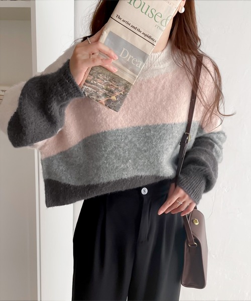 mily bilet(ミウィビレット)の「【mily bilet】ショート丈が旬。ウール混モヘアタッチ インターシャニットプルオーバー(ニット/セーター・レディース・ピンク/ブルー/グレー・X-LARGE/SMALL/LARGE/MEDIUM)」の12枚目の写真