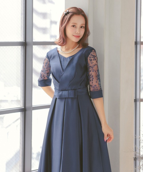 ネイビー 裾サテンドレス サンリーヌ 11号 ネイビー 裾サテンドレス