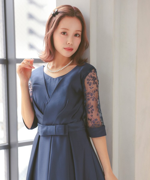 パーティードレス サテン生地 クロスデザイン レース七分袖 膝丈