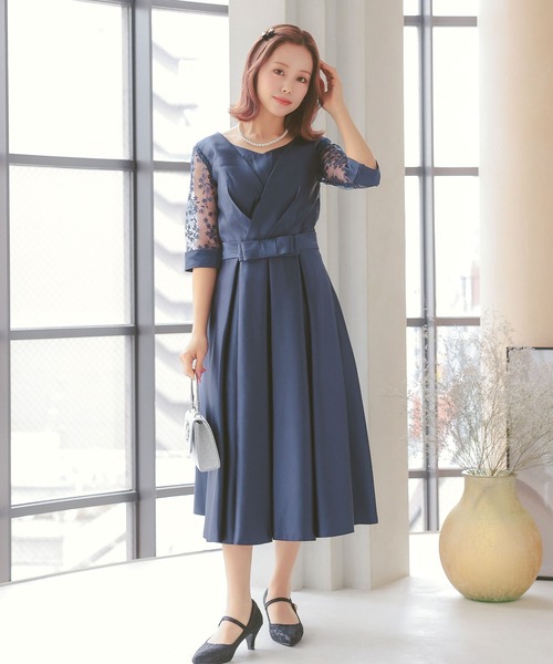 パーティードレス サテン生地 クロスデザイン レース七分袖 膝丈