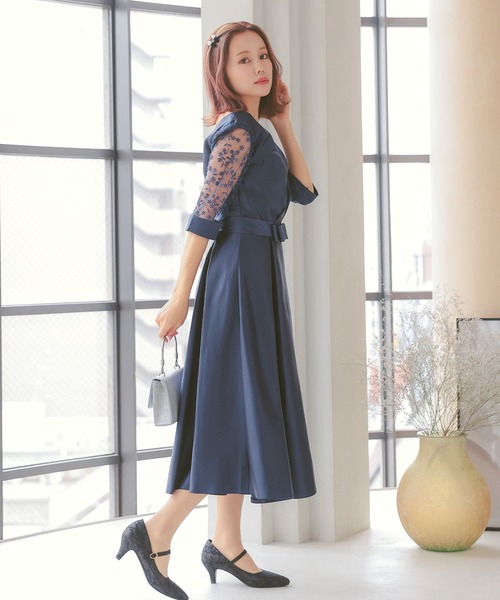 パーティードレス サテン生地 クロスデザイン レース七分袖 膝丈