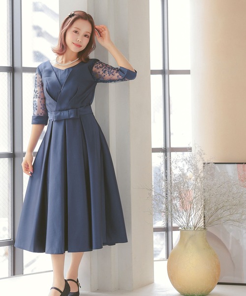 パーティードレス サテン生地 クロスデザイン レース七分袖 膝丈