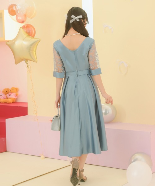 セール】パーティードレス 二次会 サテン生地 クロスデザイン レース七