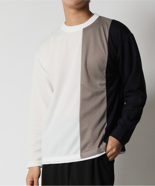 セール】異素材切り替え 長袖カットソー ロングスリーブ Tシャツ