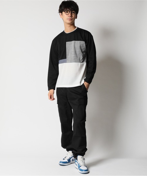異素材切り替え 長袖カットソー ロングスリーブ Tシャツ