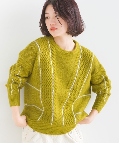 FURRY（ファーリー）の「ファンシーラインケーブルプルオーバー（ニット/セーター・レディース・黄土色系1/ライトブルーグレー/ブラック×ブラック/オフホワイト・FREE）」の4枚目の写真