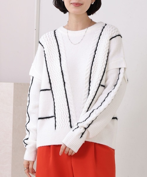 FURRY（ファーリー）の「ファンシーラインケーブルプルオーバー（ニット/セーター・レディース・黄土色系1/ライトブルーグレー/ブラック×ブラック/オフホワイト・FREE）」の5枚目の写真