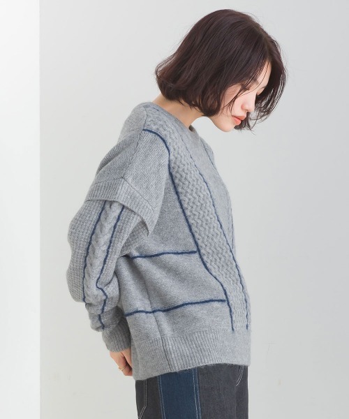 FURRY（ファーリー）の「ファンシーラインケーブルプルオーバー（ニット/セーター・レディース・黄土色系1/ライトブルーグレー/ブラック×ブラック/オフホワイト・FREE）」の14枚目の写真