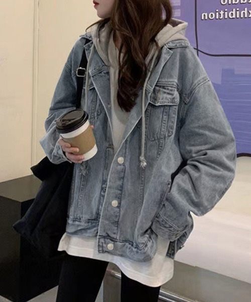 Miniministore(ミニミニストア)の「韓国デニムジャケット フード付き 大きい(デニムジャケット・レディース・サックスブルー/ブラック・FREE)」の1枚目の写真