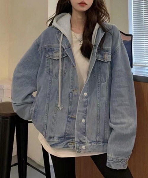 Miniministore(ミニミニストア)の「韓国デニムジャケット フード付き 大きい(デニムジャケット・レディース・サックスブルー/ブラック・FREE)」の3枚目の写真