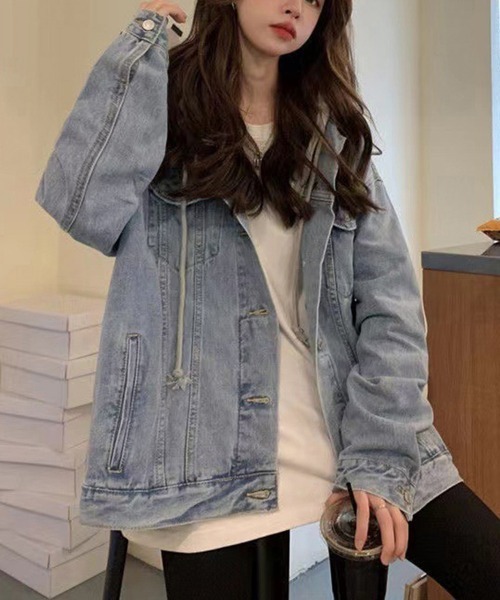 Miniministore(ミニミニストア)の「韓国デニムジャケット フード付き 大きい(デニムジャケット・レディース・サックスブルー/ブラック・FREE)」の4枚目の写真